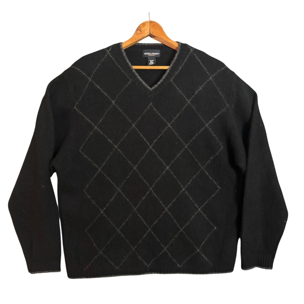 BOWEN & WRIGHT Menswear Black Argyle V Neck Shetland Wool Sweater XXL
